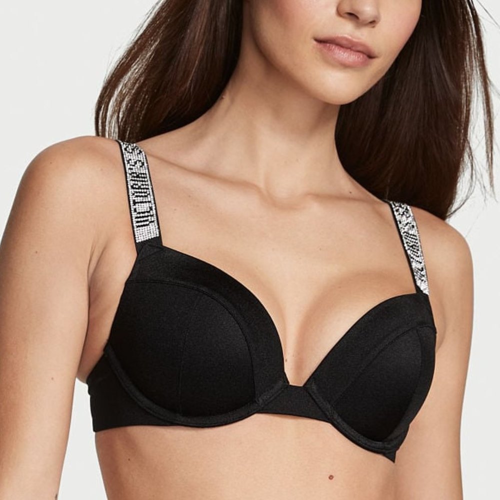 36C Victoria's Secret Swim Shine Strap Push-Up SEXY TEE Bikini Top Black Logo